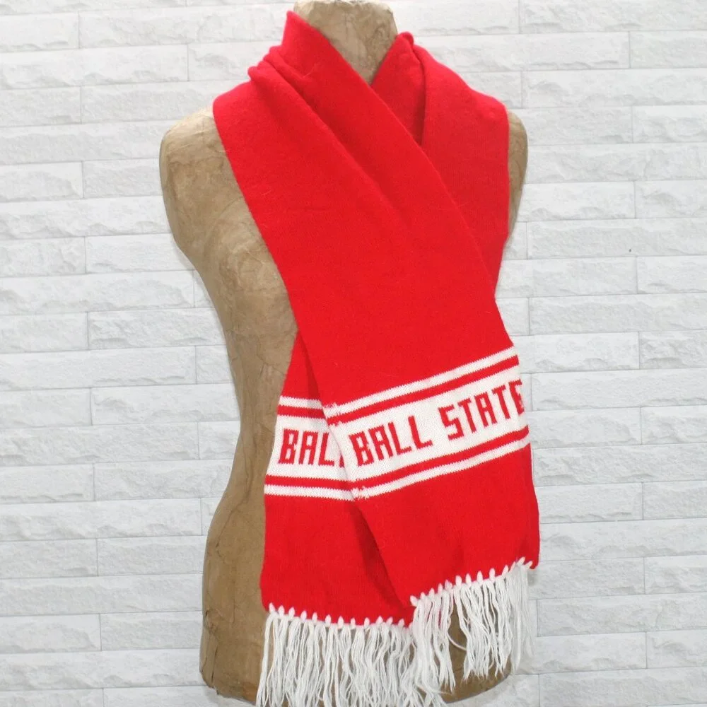 BALL STATE UNIVERSITY Scarf Knit Long Unisex Student Narrow Fringe Red White